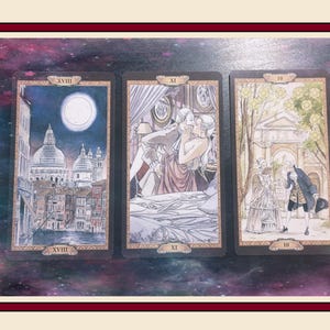 May include: Three rectangular tarot cards arranged side-by-side. The left card shows a moonlit cityscape with a large dome. The center card depicts two figures embracing in a room. The right card shows two figures in historical attire outdoors.