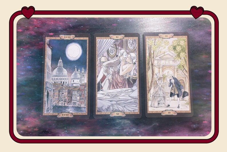 May include: Three rectangular tarot cards arranged side-by-side. The left card shows a moonlit cityscape with a large dome. The center card depicts two figures embracing in a room. The right card shows two figures in historical attire outdoors.