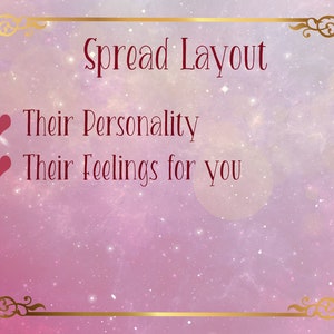 Op de afbeelding: Een roze en paarse achtergrond met een gouden frame en de tekst "Spread Layout" in wit. Twee rode harten met de tekst "Their Personality" en "Their Feelings for you" staan eronder vermeld.