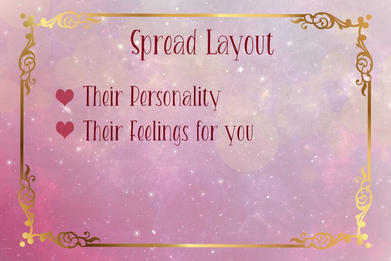 Op de afbeelding: Een roze en paarse achtergrond met een gouden frame en de tekst "Spread Layout" in wit. Twee rode harten met de tekst "Their Personality" en "Their Feelings for you" staan eronder vermeld.