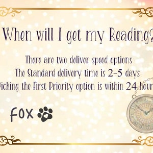 May include: A rectangular sign with a gold filigree border on a light background. The text reads: When will I get my Reading? There are two deliver speed options. The Standard delivery time is 2-5 days. Picking the First Priority option is within 24 hours! A pocket watch and a paw print icon are visible.