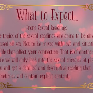May include: A rectangular sign with a gold ornate border on a blurred pink background with heart shapes. The text reads: What to Expect... From Sexual Readings. The topics of the sexual readings are going to be directly focused on sex.