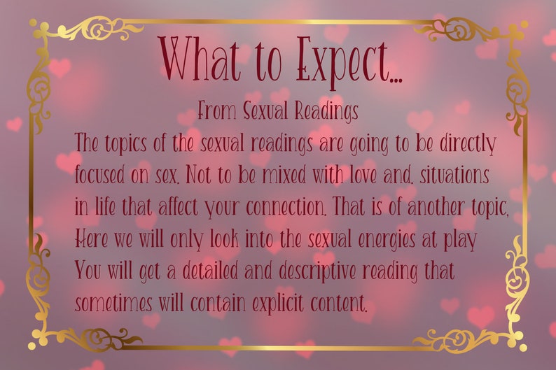 May include: A rectangular sign with a gold ornate border on a blurred pink background with heart shapes. The text reads: What to Expect... From Sexual Readings. The topics of the sexual readings are going to be directly focused on sex.