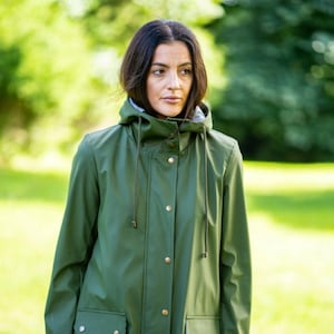 Olive green raincoat Waterproof Windproof Hooded Women's Coat with long sleeve and large pockets image 4