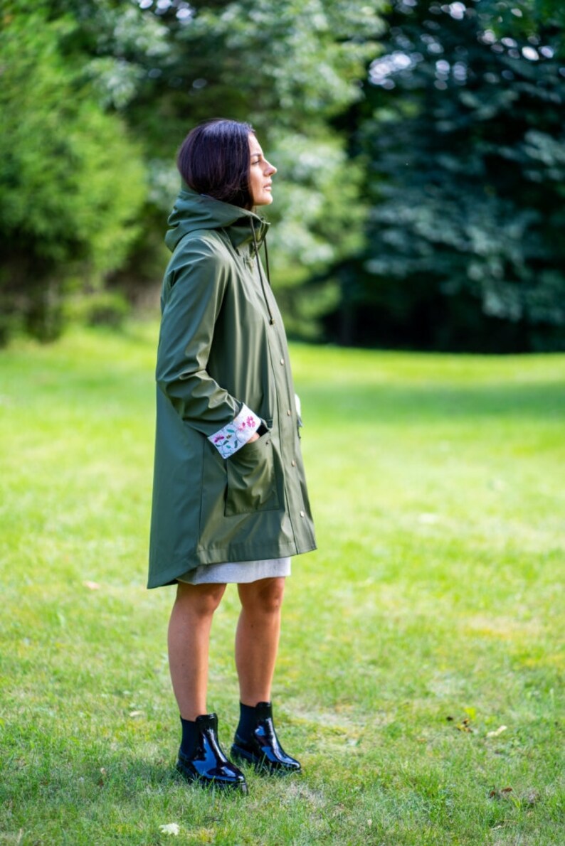 Olive green raincoat Waterproof Windproof Hooded Women's Coat with long sleeve and large pockets image 9
