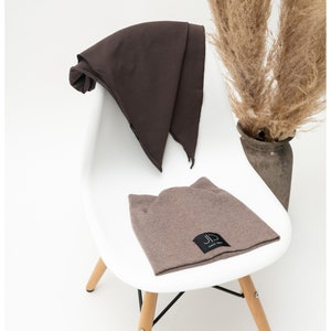 Children's hat with horns, Brown melange hat and scarf set, Hipster Beanie Rib, RIB hats, cotton hats, hats for spring