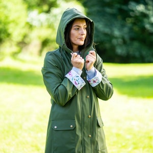 Olive green raincoat Waterproof Windproof Hooded Women's Coat with long sleeve and large pockets image 7