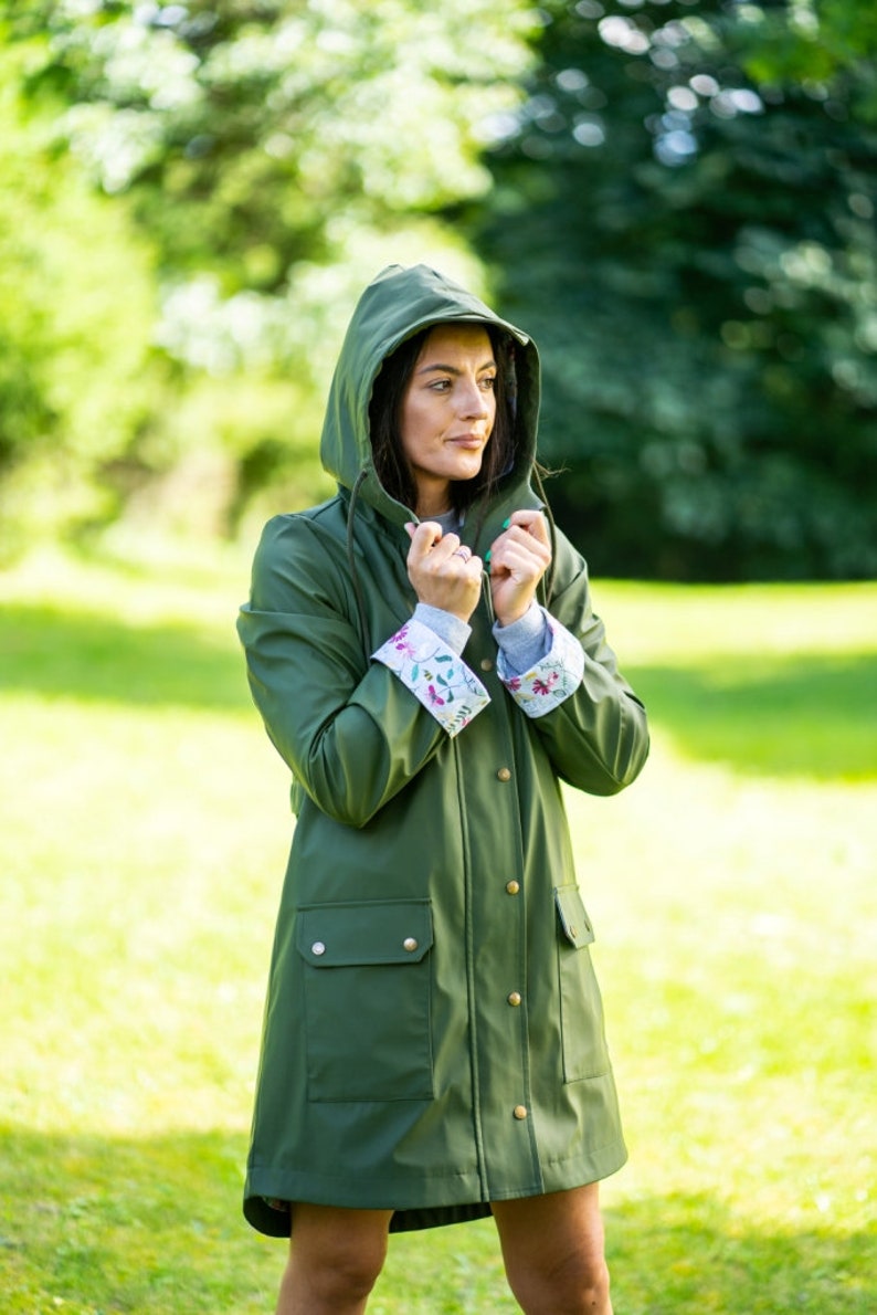 Olive green raincoat Waterproof Windproof Hooded Women's Coat with long sleeve and large pockets image 7