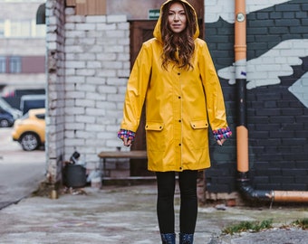 Wax bomber jacket, Floral robes, All weather trench coat, Vegan leather aesthetic clothing, yellow biker jacket, Hooded plastic raincoat