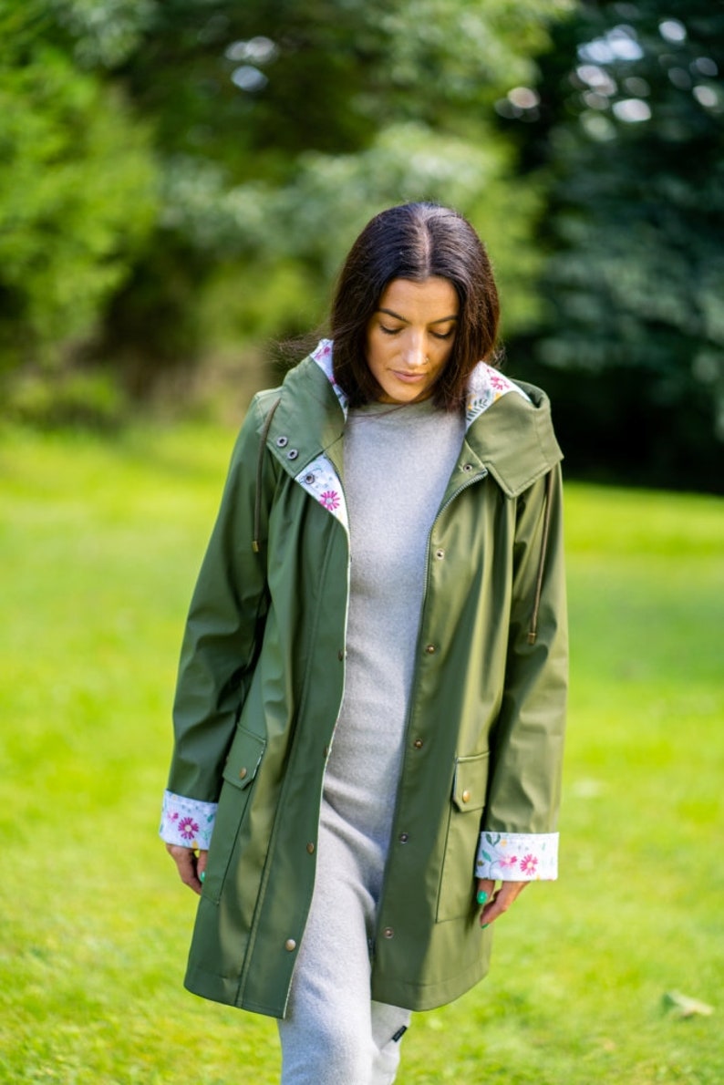 Olive green raincoat Waterproof Windproof Hooded Women's Coat with long sleeve and large pockets image 1