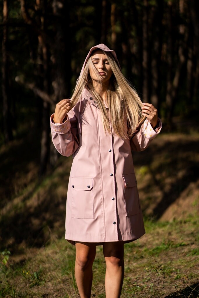 Stylish Floral Print Full Sleeve Faux Leather Hooded Rain Jacket. Elegant Warm High Collar Grey Trench Coat. Waterproof Wedding Rain Cape