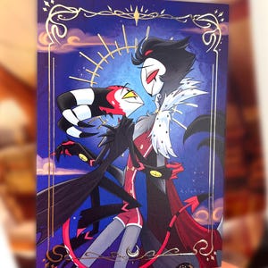 May include: A colorful illustration featuring two cartoon characters in a romantic embrace. The characters have black and red features, with one wearing a red and white outfit. The background is a dark blue with gold accents.