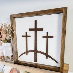 Jesus Crucifixion 3 Crosses on the Hill Wood Shelf Sitter Sign/ Jesus Easter / He Is Risen/ Wood Cross Sign/ Wood Cross/ Jesus Shelf Sign