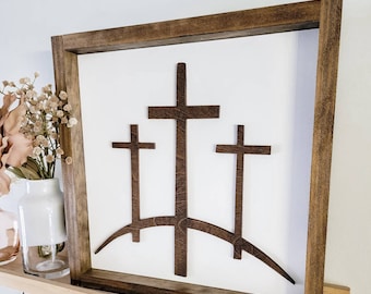 Jesus Crucifixion 3 Crosses on the Hill Wood Shelf Sitter Sign/ Jesus Easter / He Is Risen/ Wood Cross Sign/ Wood Cross/ Jesus Shelf Sign