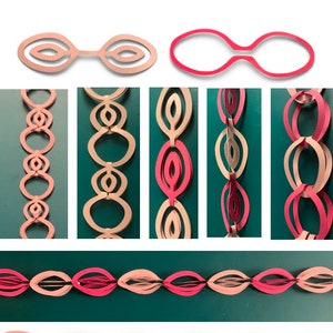May include: A step-by-step guide to making a paper chain garland. The image shows the process of cutting out the paper shapes, linking them together, and the finished garland. The garland is made of pink and beige paper.