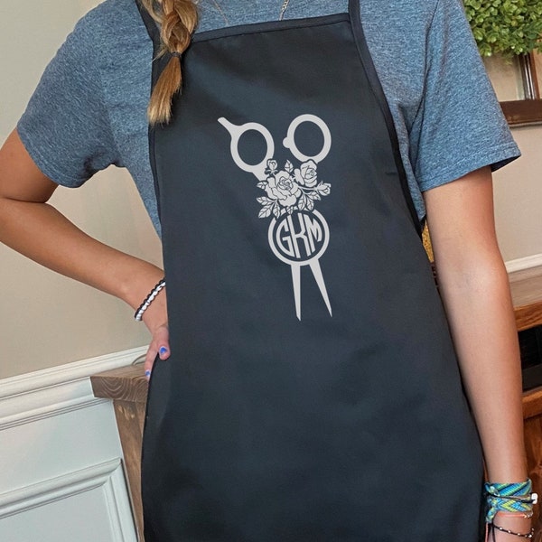 Monogram Black Apron or Tote Bag. Scissors Beauty Shop. Hairdresser Gift. Cosmetologist Christmas