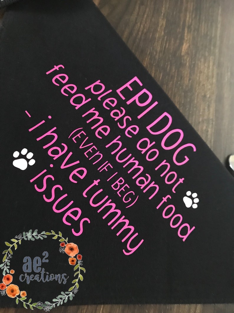 以下が含まれることがあります： ピンク色の文字で「EPI DOG please do not feed me human food (EVEN IF I BEG) - I have tummy issues」と書かれた黒い犬用バンダナ。足跡と花のロゴが含まれています。