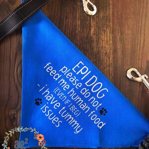 以下が含まれることがあります： 「EPI DOG」と書かれた白い文字が入った青い犬用バンダナ。 「please do not feed me human food (EVEN IF I BEG) - I have tummy issues」と書かれています。 バンダナは三角形で、足跡のグラフィックが付いています。 黒いリードとシルバーの金具も表示されています。