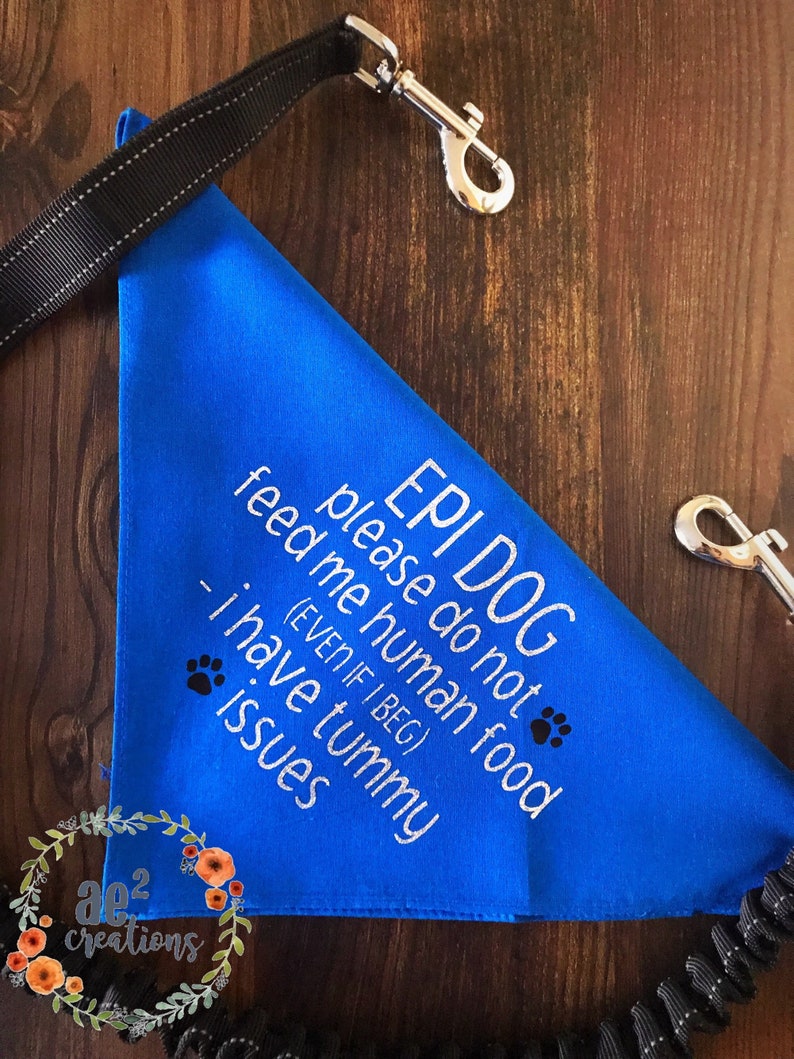 以下が含まれることがあります： 「EPI DOG」と書かれた白い文字が入った青い犬用バンダナ。 「please do not feed me human food (EVEN IF I BEG) - I have tummy issues」と書かれています。 バンダナは三角形で、足跡のグラフィックが付いています。 黒いリードとシルバーの金具も表示されています。