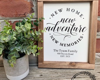 New Home, New Adventure, New Memories Farmhouse Wood Sign | Custom Last Name and Address