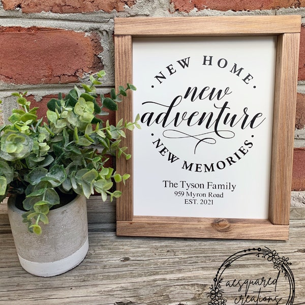New Home, New Adventure, New Memories Farmhouse Wood Sign | Custom Last Name and Address
