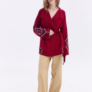 Burgundy Wool Cardigan – Ukrainian Knitted Sweater Jacket, Ethnic Embroidered Cardigan, Cozy Knitwear Made in Ukraine image 11