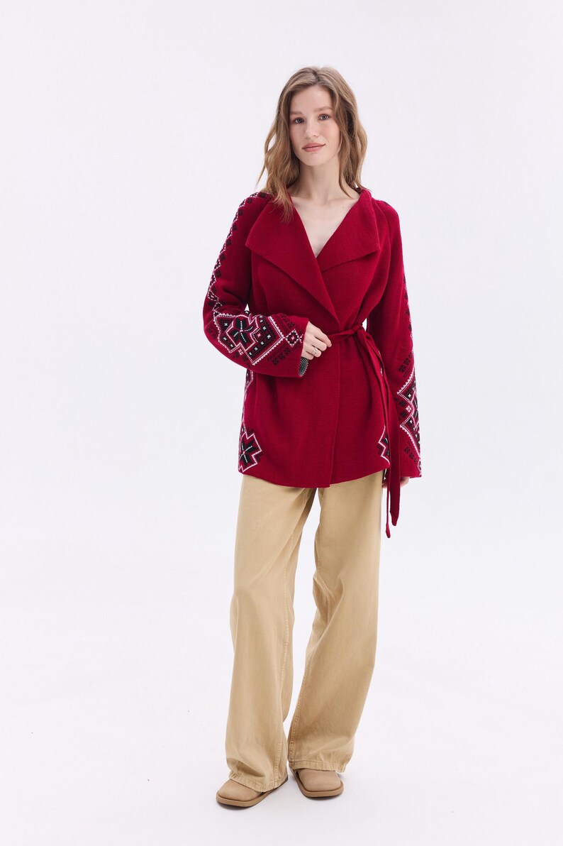 Burgundy Wool Cardigan – Ukrainian Knitted Sweater Jacket, Ethnic Embroidered Cardigan, Cozy Knitwear Made in Ukraine image 11