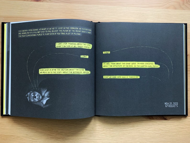 Pode incluir: Um caderno preto com notas escritas &agrave; m&atilde;o em amarelo nas p&aacute;ginas. As notas s&atilde;o sobre a estrutura de um livro e o processo de escrita. A data "Nov 23, 2022" e o nome "67 Rockets" est&atilde;o escritos no canto inferior direito.
