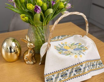 Ukrainian Easter Basket Cover Napkin – Embroidered Pysanky Eggs Tablecloth, Orthodox Easter Decor