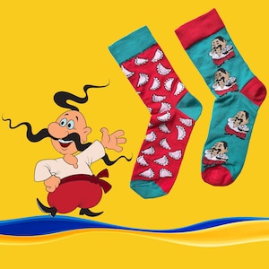 2 pairs/4pcs of Ukraine socks with Ukrainian cossack and dumplings | kozak vareniki | gift for him | mismatched socks