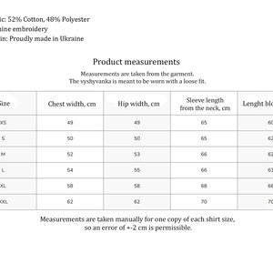 May include: Image of a product measurement chart. The chart includes sizes XS to XXL, with chest width, hip width, sleeve length, and blouse length in centimeters. The fabric is 52% cotton and 48% polyester, with machine embroidery. Origin: Proudly made in Ukraine.