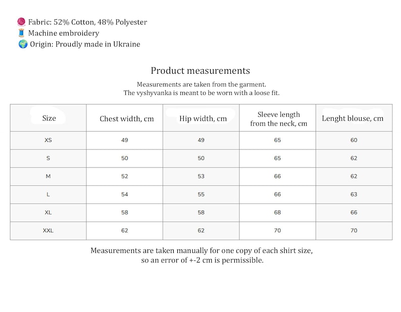 May include: Image of a product measurement chart. The chart includes sizes XS to XXL, with chest width, hip width, sleeve length, and blouse length in centimeters. The fabric is 52% cotton and 48% polyester, with machine embroidery. Origin: Proudly made in Ukraine.