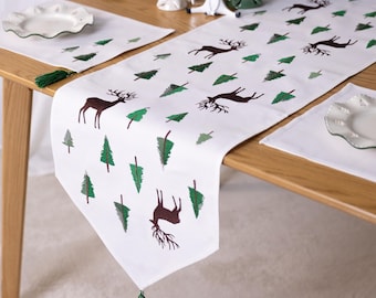 Christmas Table Runner – Embroidered Pine Tree Winter Runner | Scandinavian Reindeer Holiday Decor