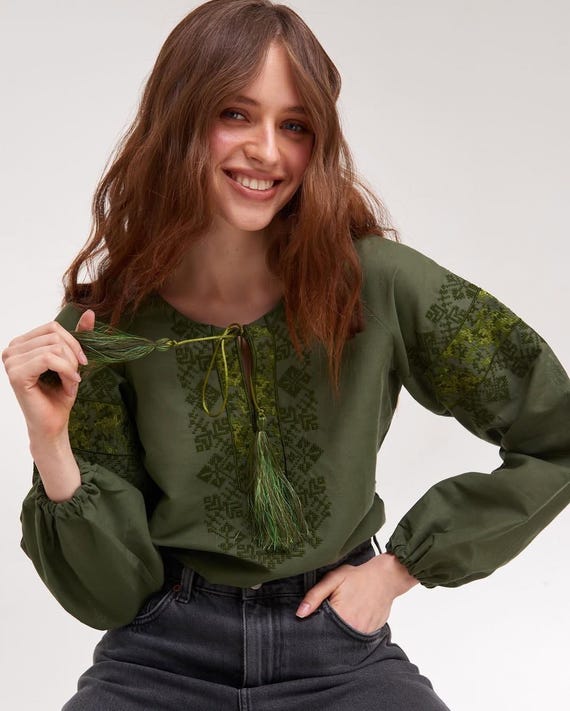 Ukrainian green vyshyvanka embroidered blouse khaki shirt slavic clothing folk art | made in Ukraine