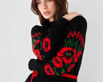 Ukrainian knitted wool ornament long sweater dress clothing folk art | ethnic style | made in Ukraine
