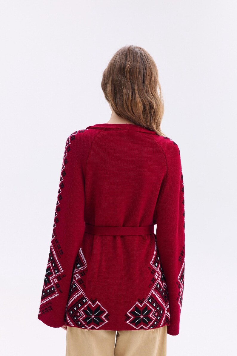 Burgundy Wool Cardigan – Ukrainian Knitted Sweater Jacket, Ethnic Embroidered Cardigan, Cozy Knitwear Made in Ukraine image 12