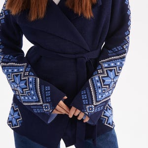 Burgundy Wool Cardigan – Ukrainian Knitted Sweater Jacket, Ethnic Embroidered Cardigan, Cozy Knitwear Made in Ukraine Blue