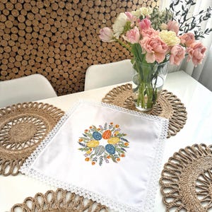 May include: A white Easter table runner with an embroidered floral egg design and lace edging. Woven placemats and a vase of pink and white flowers are also visible. The background features a cork wall.