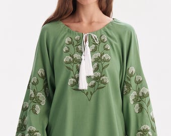 Ukrainian Embroidered Linen Blouse | Green Vyshyvanka | Peasant Shirt Women | Made in Ukraine