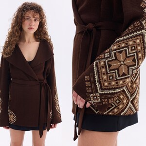 Burgundy Wool Cardigan – Ukrainian Knitted Sweater Jacket, Ethnic Embroidered Cardigan, Cozy Knitwear Made in Ukraine Chocolate