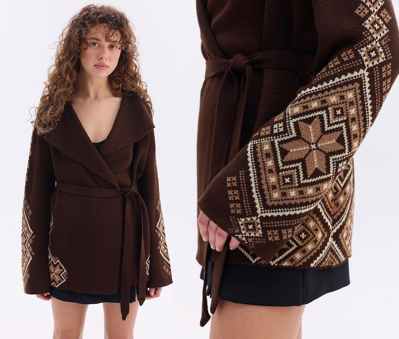 Burgundy Wool Cardigan – Ukrainian Knitted Sweater Jacket, Ethnic Embroidered Cardigan, Cozy Knitwear Made in Ukraine Chocolate