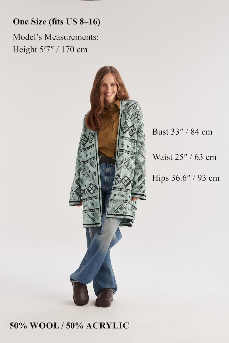 May include: A light mint green open-front cardigan featuring a dark green geometric pattern. The garment is labeled as one size, fitting US 8-16, and is composed of 50% wool and 50% acrylic. Text on the image includes model measurements and material.