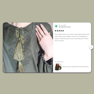 May include: Olive green embroidered blouse with long sleeves and decorative tassels. The blouse features detailed embroidery around the neckline and down the front. The image also shows a customer review.
