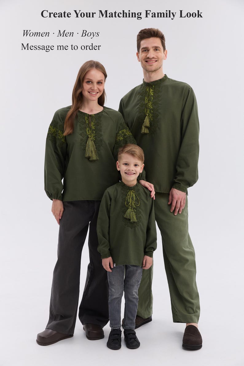 May include: Three people wearing matching olive green shirts with embroidered details and tassels. The shirts have long sleeves and are paired with dark pants. The text "Create Your Matching Family Look" is at the top of the image.