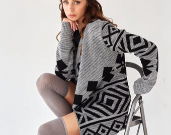 Boho style ethnic wool knitted cardigan sweater jacket geometric ornament  Ukrainian clothing
