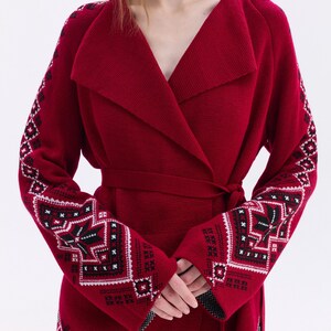 Burgundy Wool Cardigan – Ukrainian Knitted Sweater Jacket, Ethnic Embroidered Cardigan, Cozy Knitwear Made in Ukraine Red