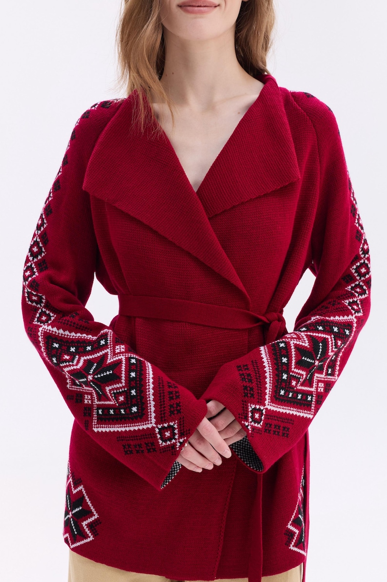 Burgundy Wool Cardigan – Ukrainian Knitted Sweater Jacket, Ethnic Embroidered Cardigan, Cozy Knitwear Made in Ukraine Red