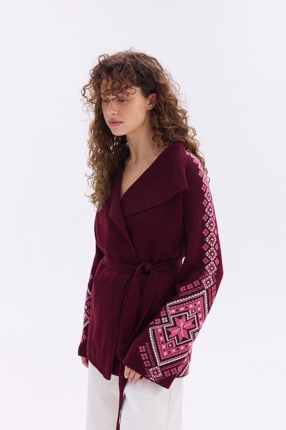 Burgundy Wool Cardigan – Ukrainian Knitted Sweater Jacket, Ethnic Embroidered Cardigan, Cozy Knitwear Made in Ukraine