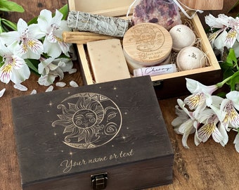 Sun and Moon Box, Wooden Box Personalized, Crescent Moon Box, Stash Box, Crystal Gift Box, Crystal Box, Tarot Card Box, Mystery Box Gift Set
