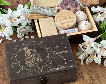 Boîte du zodiaque Cancer personnalisée, boîte cadeau cancer, boîte cadeau zodiac, boîte personnalisée signe du zodiaque, cadeaux d’astrologie, cadeaux du zodiaque contre le cancer, coffret cadeau